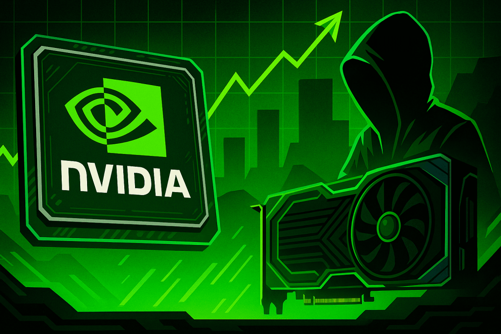 Nvidia logo on a green growth graph and a silhouette of a man in a hood next to a graphics card.