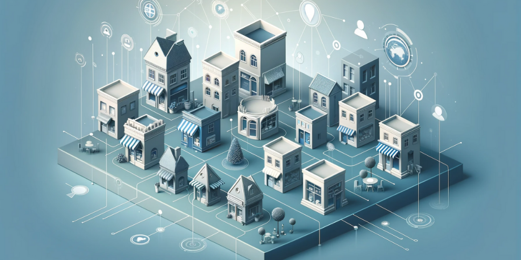 A miniature town with shops and houses surrounded by digital icons of people, maps and technology.