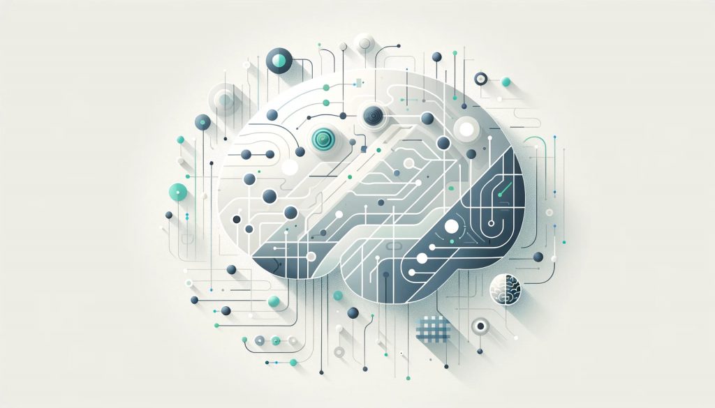 Schematic representation of a brain formed from electronic tracks, microcircuits and spherical elements of various sizes, connected by thin lines.