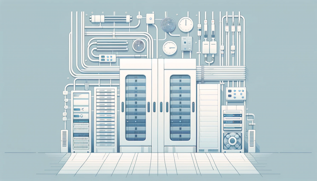 Server cabinets, equipment and a system of cables with measuring devices and power supplies, connected into a single infrastructure on the wall of the room.