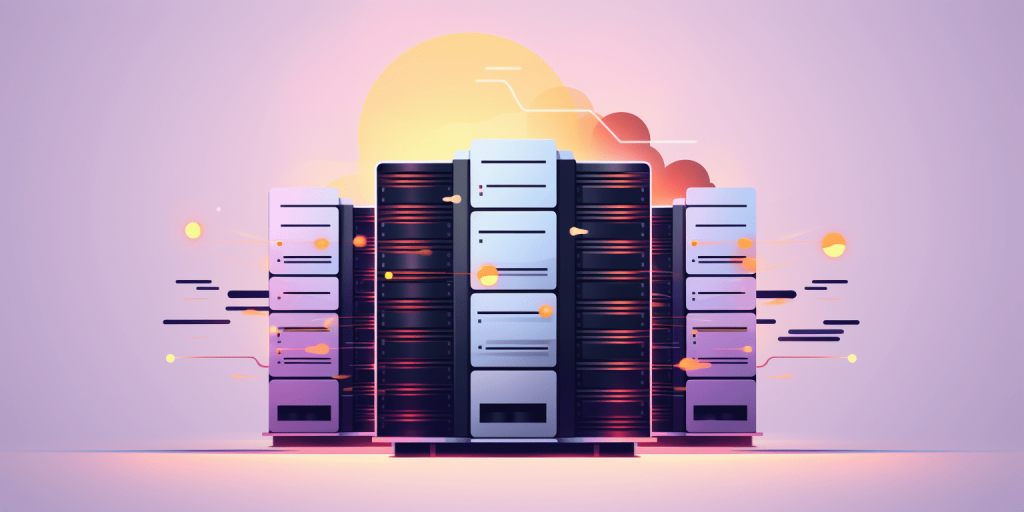 Abstract image of servers in a stylized data center with a sunset background and elements of digital data flows.