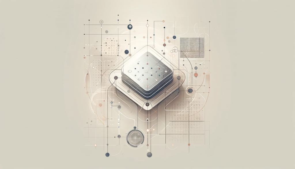 A square-shaped, metal, multilayer processor surrounded by schematic lines, circles, and elements resembling electronic connections.