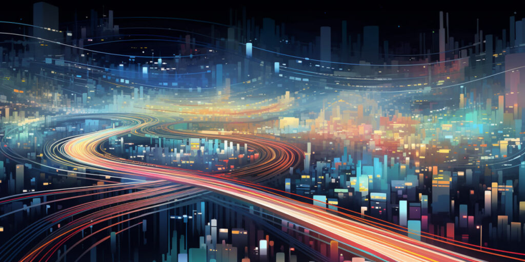 Colorful digital cityscape with glowing light trails representing fast internet connections.