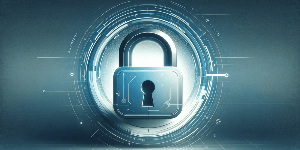 Metal lock in the center of a digital circle with interface elements and technological lines.