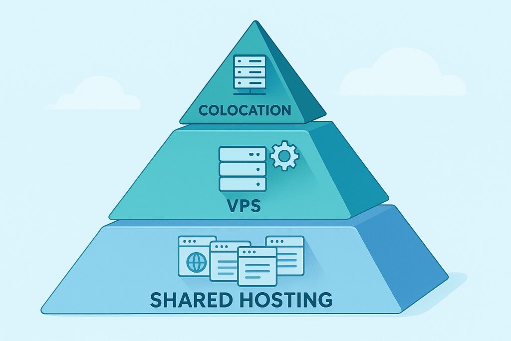 A pyramid with three levels: Shared Hosting at the bottom, VPS in the middle, and Colocation at the top.