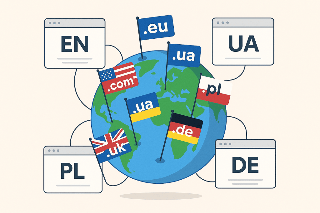 Globe with flags of different domain zones (.com, .ua, .de, .pl, .uk, .eu) and browser windows with language designations EN, UA, PL, DE.