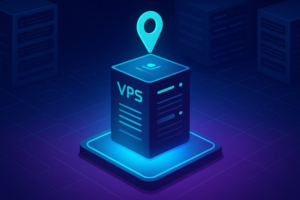 Illustration of a backlit server with the word "VPS" above it, with a geolocation icon. The dark background with other servers symbolizes the data center infrastructure.