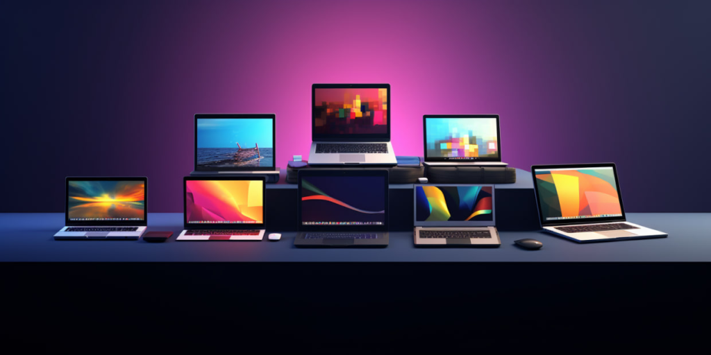 Collection of laptops with colorful screens arranged on a desk with a glowing background.