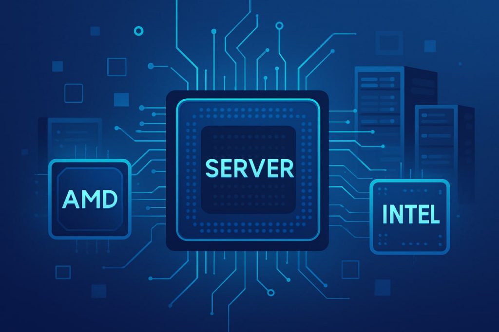 Central processor with the inscription "Server" in the center, on the left a block with the inscription "AMD", on the right a block with the inscription "Intel", in the background stylized servers and a board with electronic tracks.