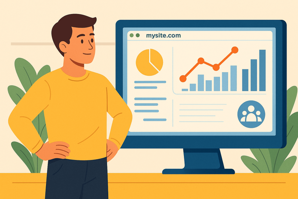 A man in a yellow sweater looks at a monitor screen with an open website page and statistics graphs.
