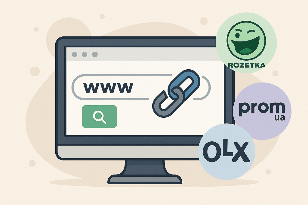 Computer screen with the search bar www and a link icon, next to the logos of the marketplaces Rozetka, Prom.ua and OLX.