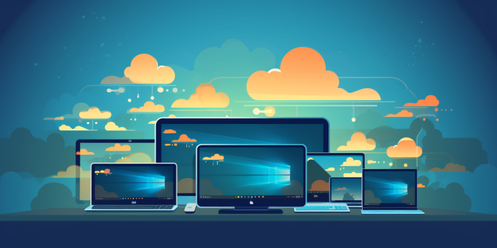 Multiple laptops, monitors, and tablets running Windows desktops against a backdrop of clouds.