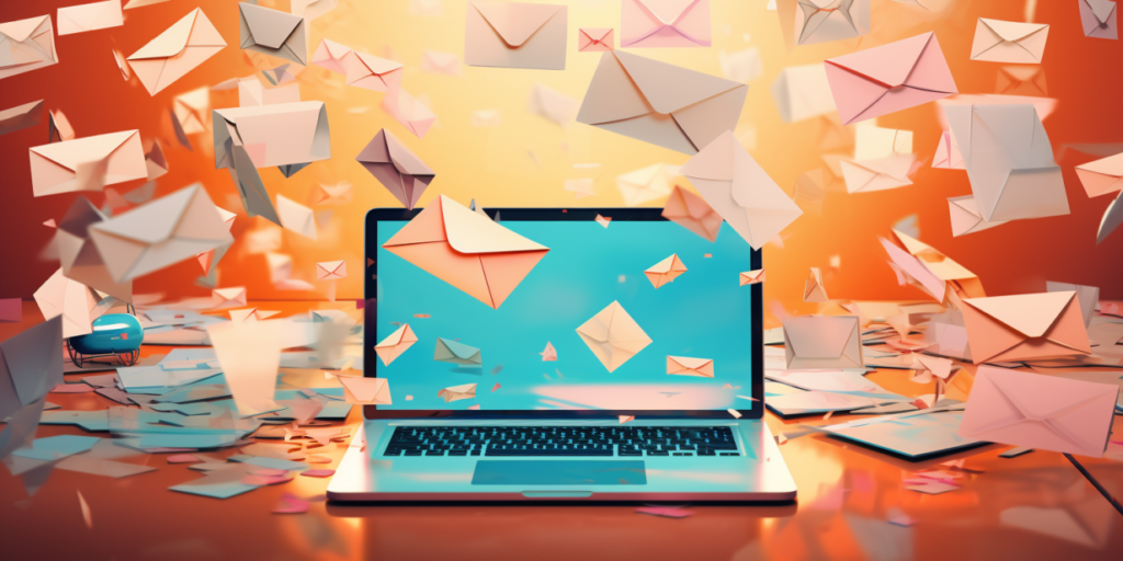 A laptop on a table amidst a large number of envelopes flying in the air.