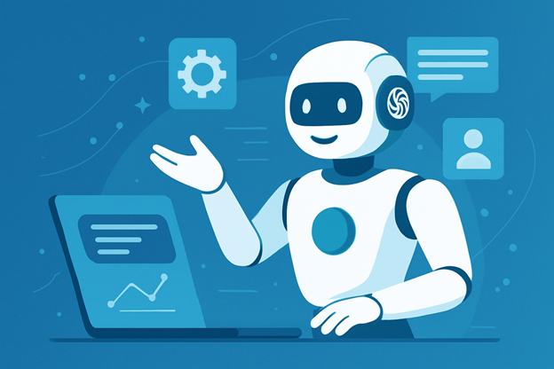 A robot assistant works at a laptop surrounded by icons of dialogue, settings and users.