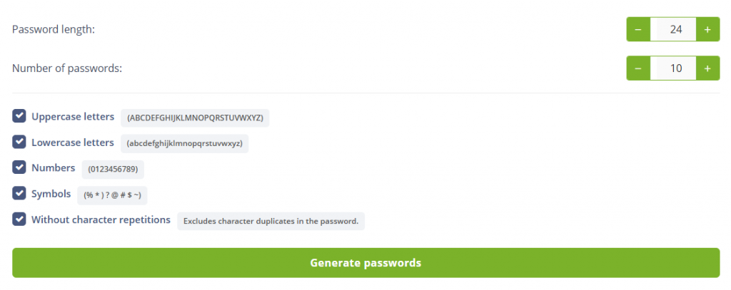 Online password generator interface with choice of length, number of passwords, use of uppercase and lowercase letters, numbers, symbols and no repetition option.