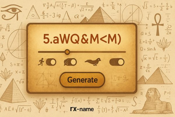 Screen with a random password generator field and a Generate button against a background of Egyptian symbols and mathematical formulas.