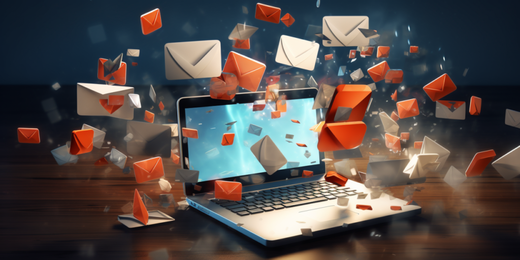 A laptop with numerous envelopes flying out of its screen.