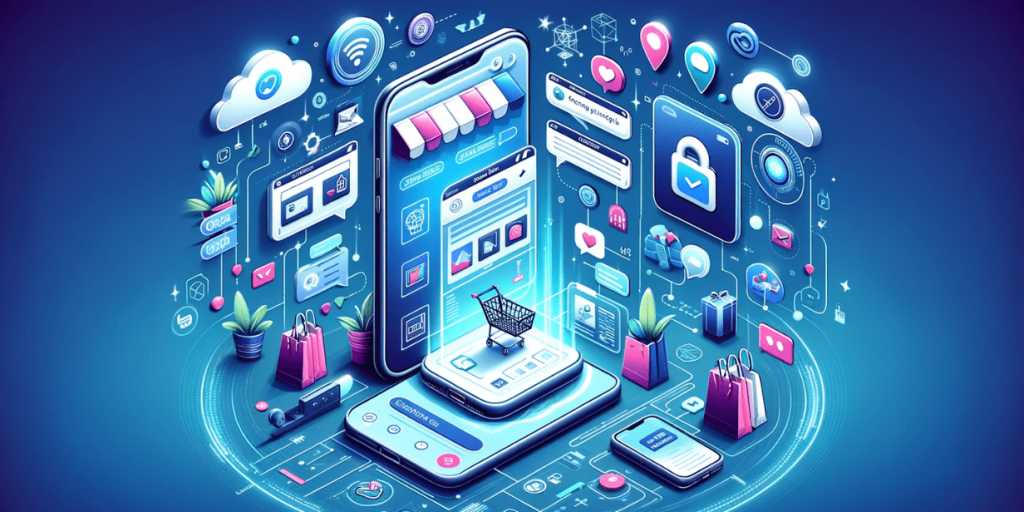 Smartphone with an open online store interface, surrounded by cloud service icons, security locks, and shopping carts.