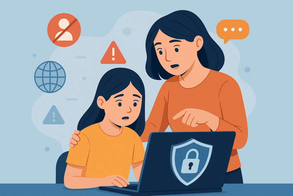 Illustration of a mother and child at a laptop with a lock on the screen as a symbol of protection. The child looks worried and the mother explains by pointing at the monitor. Icons with warning signs, a globe and messages are located around.