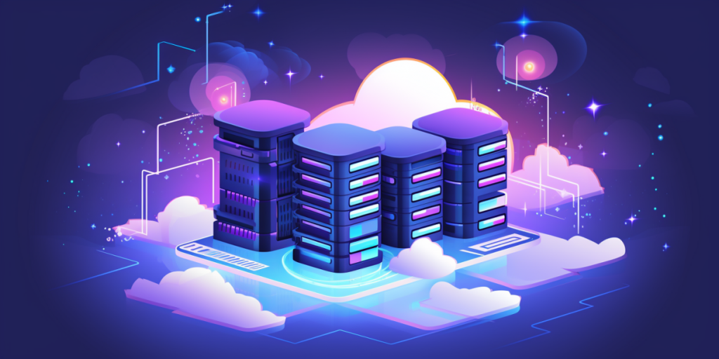 Servers in a stylized data center with cloud elements and lighting.