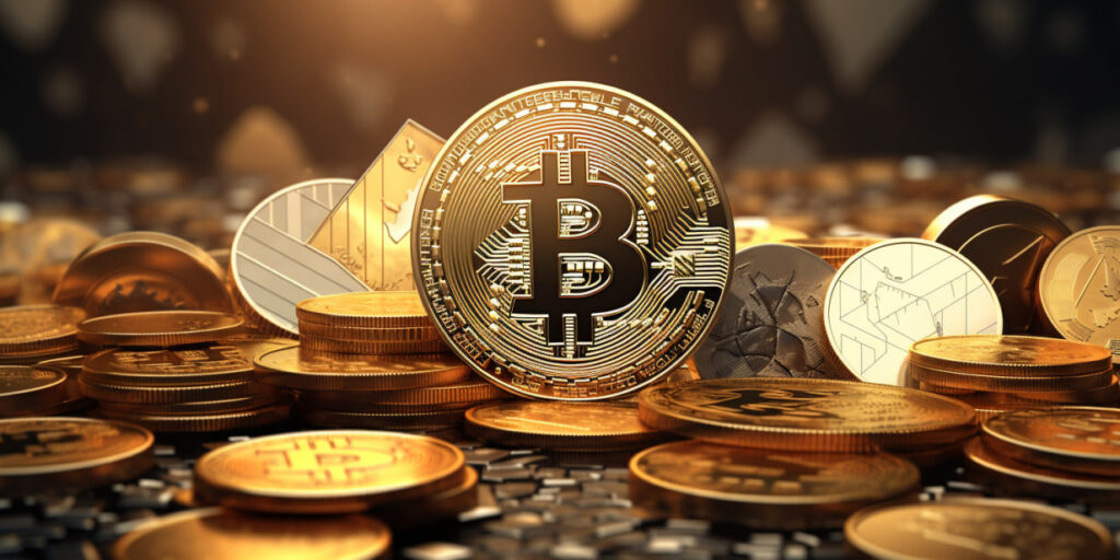 A pile of gold coins with a large Bitcoin symbol in the middle.