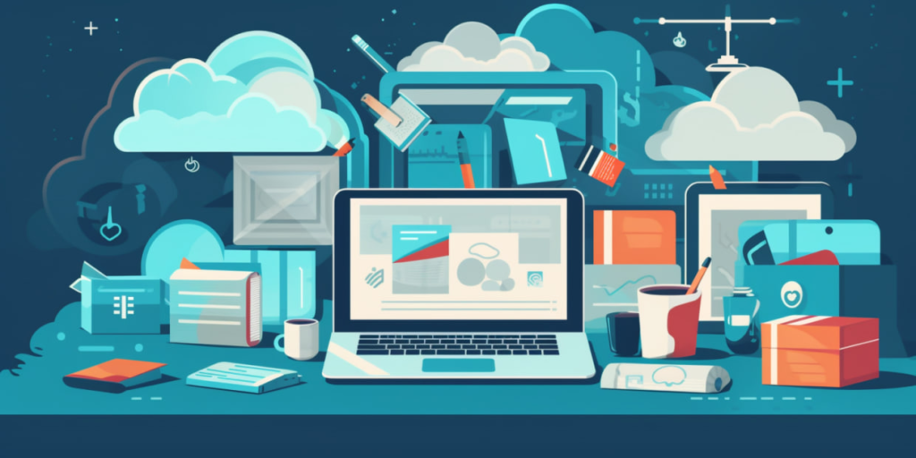 Laptop and digital tools among clouds and productivity icons.