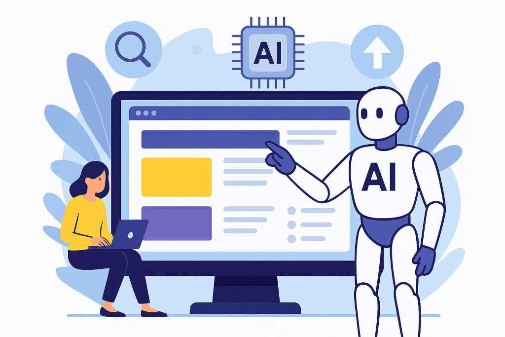 Illustration of a robot with the inscription "AI" pointing at a large monitor with a website, while a girl works on a laptop next to it. Above the screen are search icons, a processor with "AI" and an up arrow, symbolizing development and optimization.