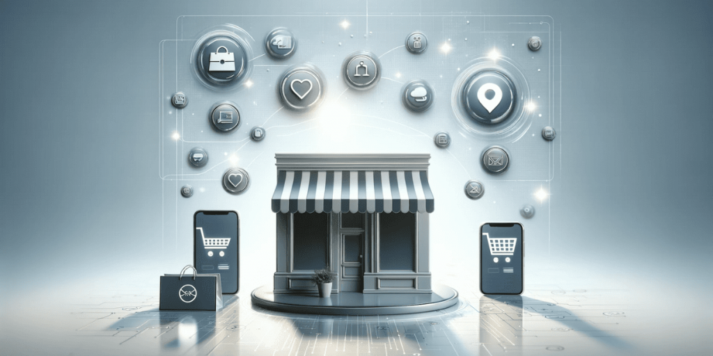 A store with a window in the center, surrounded by shopping icons, geolocation, hearts, and smartphones with shopping carts.