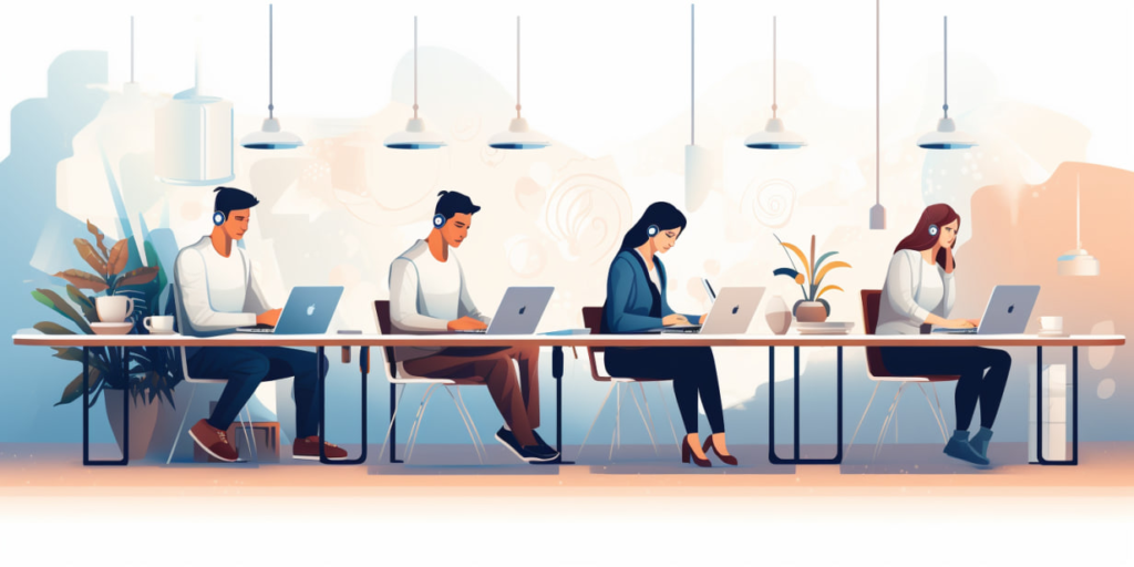 People sitting at a long desk with laptops and headphones in a modern workspace.
