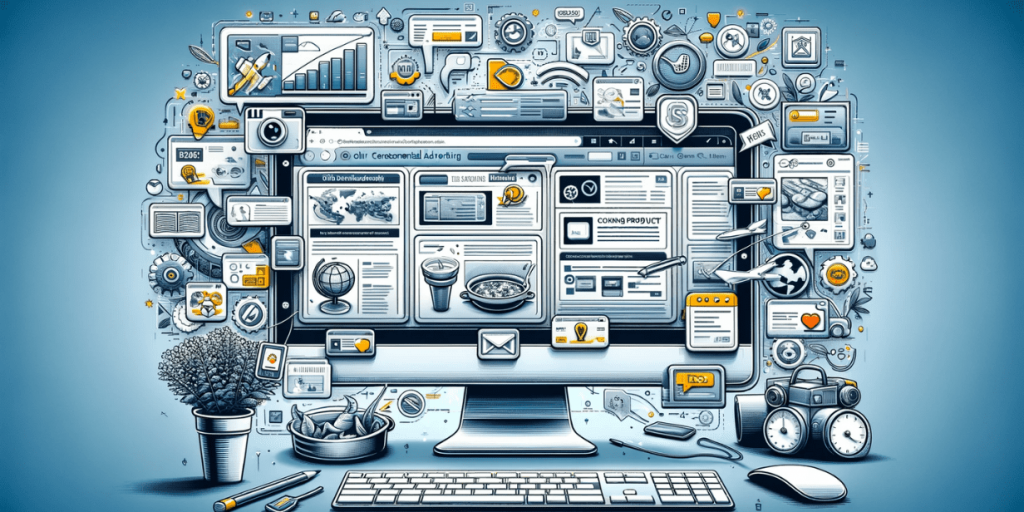 A computer monitor surrounded by a multitude of icons, graphics, and advertising elements illustrating the work of contextual advertising.