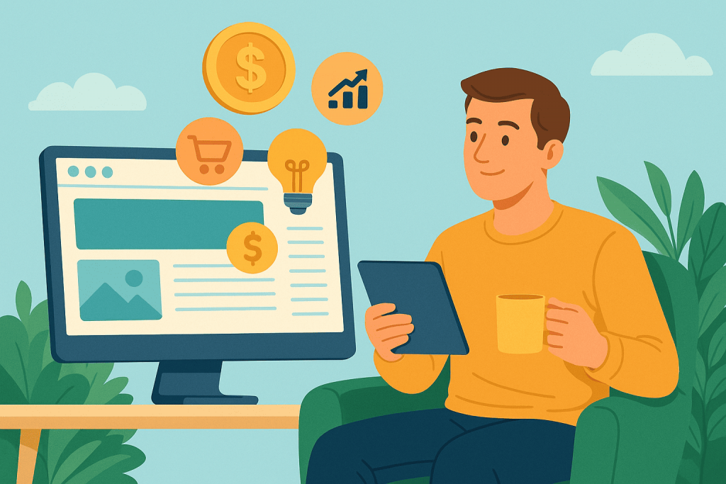 A man with a tablet and a cup of coffee sits next to a monitor with a website on the screen, surrounded by icons of money, ideas and shopping.
