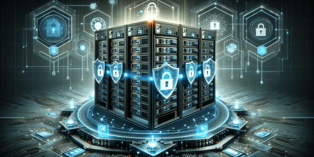 Center of server cabinets decorated with shields with locks, surrounded by digital security elements and security icons.