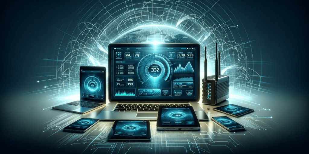 Laptop, smartphones, tablets and router with screens showing internet connection speed data, against the background of a digital global network.