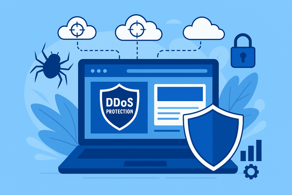 Illustration of a laptop with a screen displaying a shield with the words "DDoS Protection". Above the laptop are clouds with targets as symbols of attacks, a spider as an image of a cyber threat, and on the right is a large protective shield and a lock.