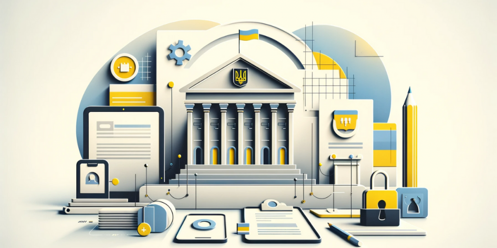 Illustration of a building with columns and the coat of arms of Ukraine, surrounded by documents, locks and digital icons in yellow and blue tones.