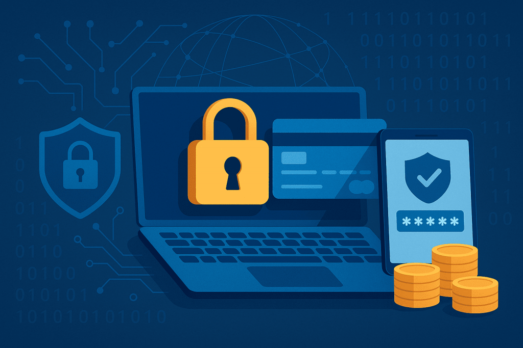 A laptop with a lock screen, bank cards, a protected smartphone, and coins symbolize secure online payments.