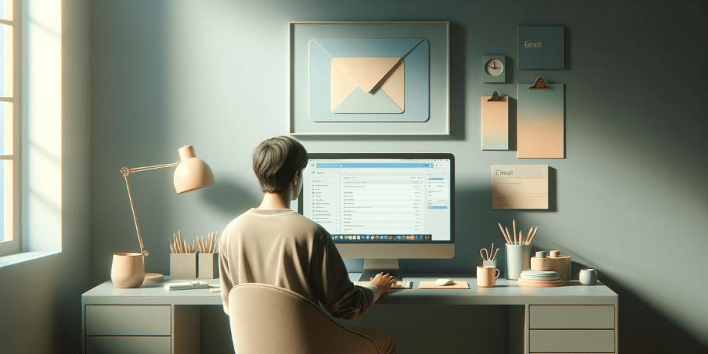 A person sits at a desk in front of a computer with an email interface open on the screen.