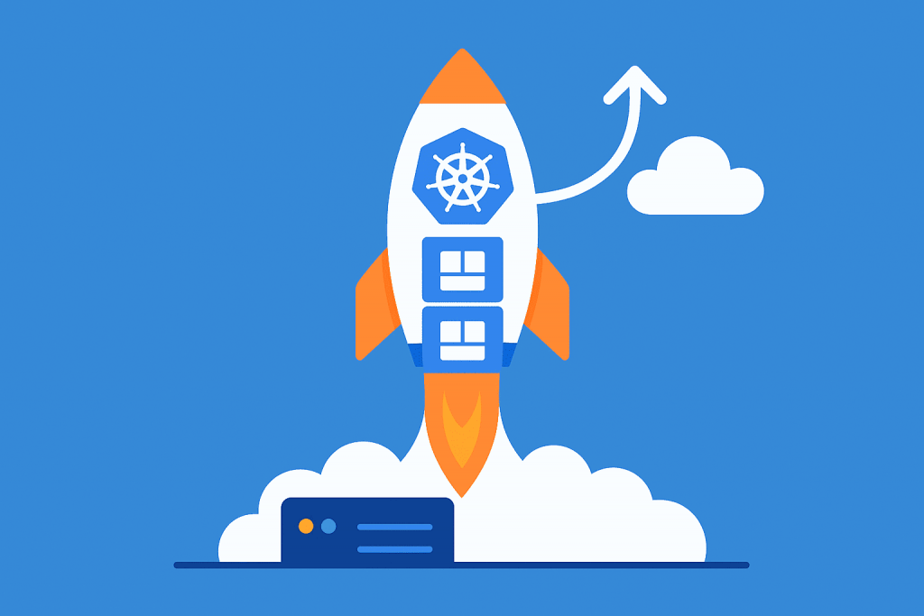 A rocket with the Kubernetes logo and Docker containers on its body takes off from the cloud.