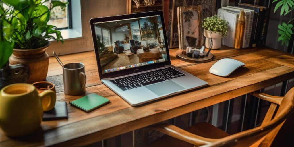Laptop on wooden table with cup of coffee and notebook in home office.