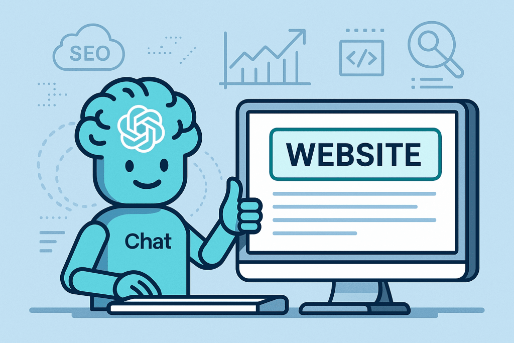 A character with the ChatGPT logo on his head shows a thumbs up in front of a monitor with the words "Website" around it, with SEO icons, graphs and search.