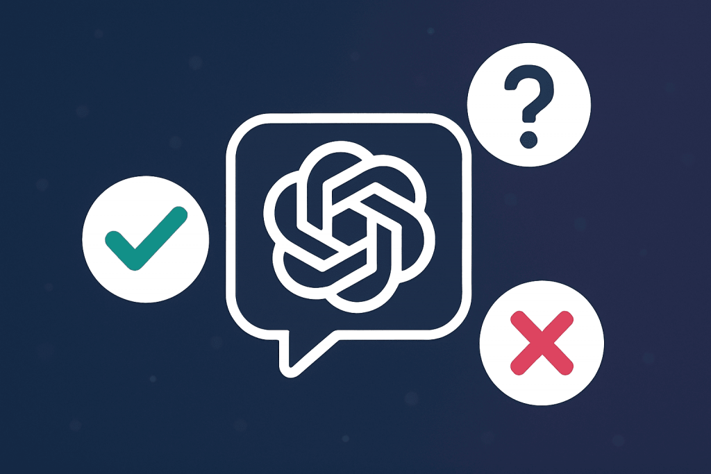 GPT chat icon in the center, surrounded by information verification symbols: a green check mark, a red cross, and a question mark.