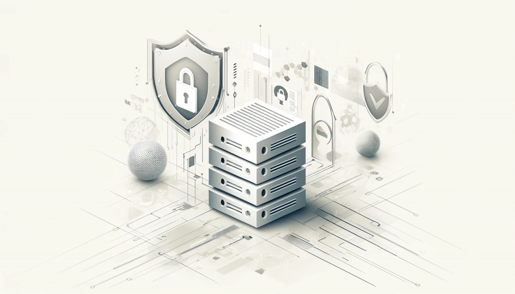 Stylized image of a server with cybersecurity elements - locks and shields, symbolizing data protection and secure infrastructure.
