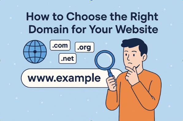 Illustration of a man with a magnifying glass thinking about choosing a domain name. Nearby are the globe icon, domain zone options (.com, .org, .net) and the inscription "www.example".