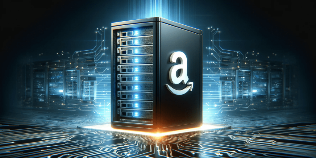 Server block with Amazon logo, surrounded by virtual networks and light streams of data.
