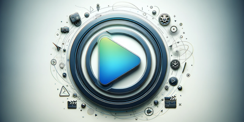Stylish play button icon in a circle with camera, film and movie elements.