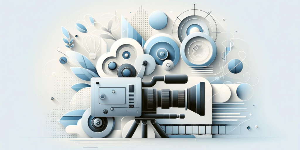 Artistic illustration of a camera amidst abstract shapes, light elements and film, symbolizing modern video production technologies.