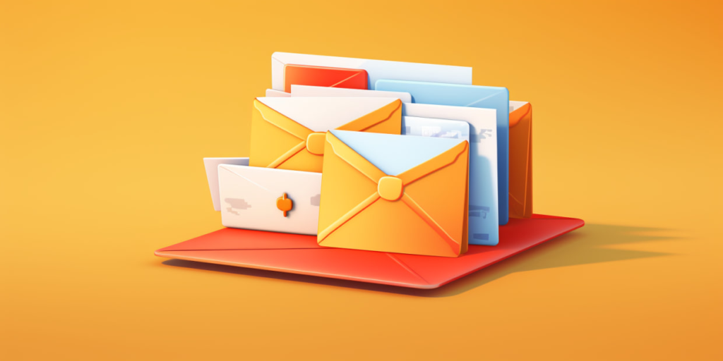 Stack of colorful envelopes and letters arranged on an orange background.