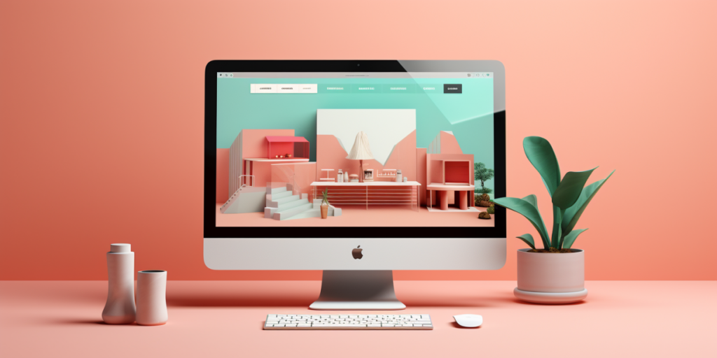 Desktop computer with website open on screen in interior with plant and accessories.