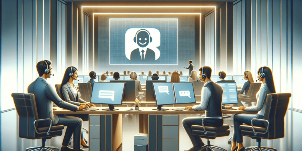 Call center operators work at computers with headsets, and a chatbot icon is displayed on the large screen.
