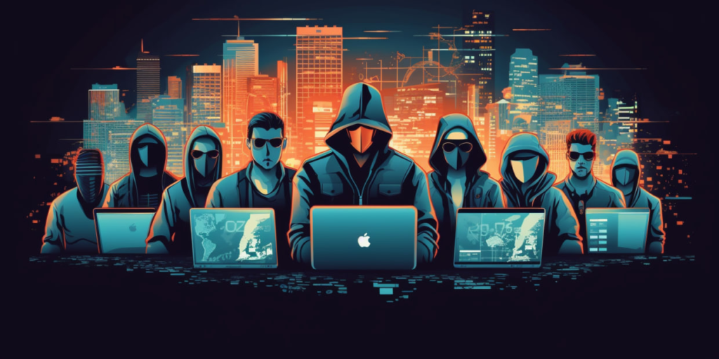 Group of people in hoodies and sunglasses using laptops in front of a city skyline.